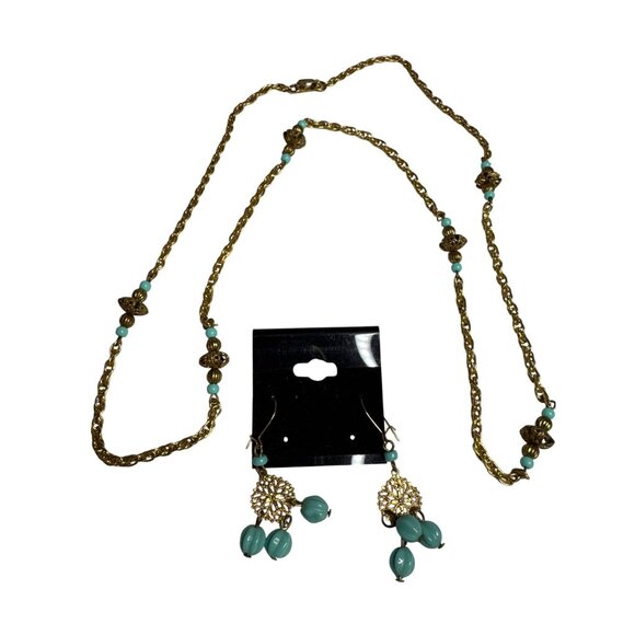 Gold Chain Necklace Drop Earrings Set Faux Turquoise Beads Vintage-Inspired - Picture 1 of 7